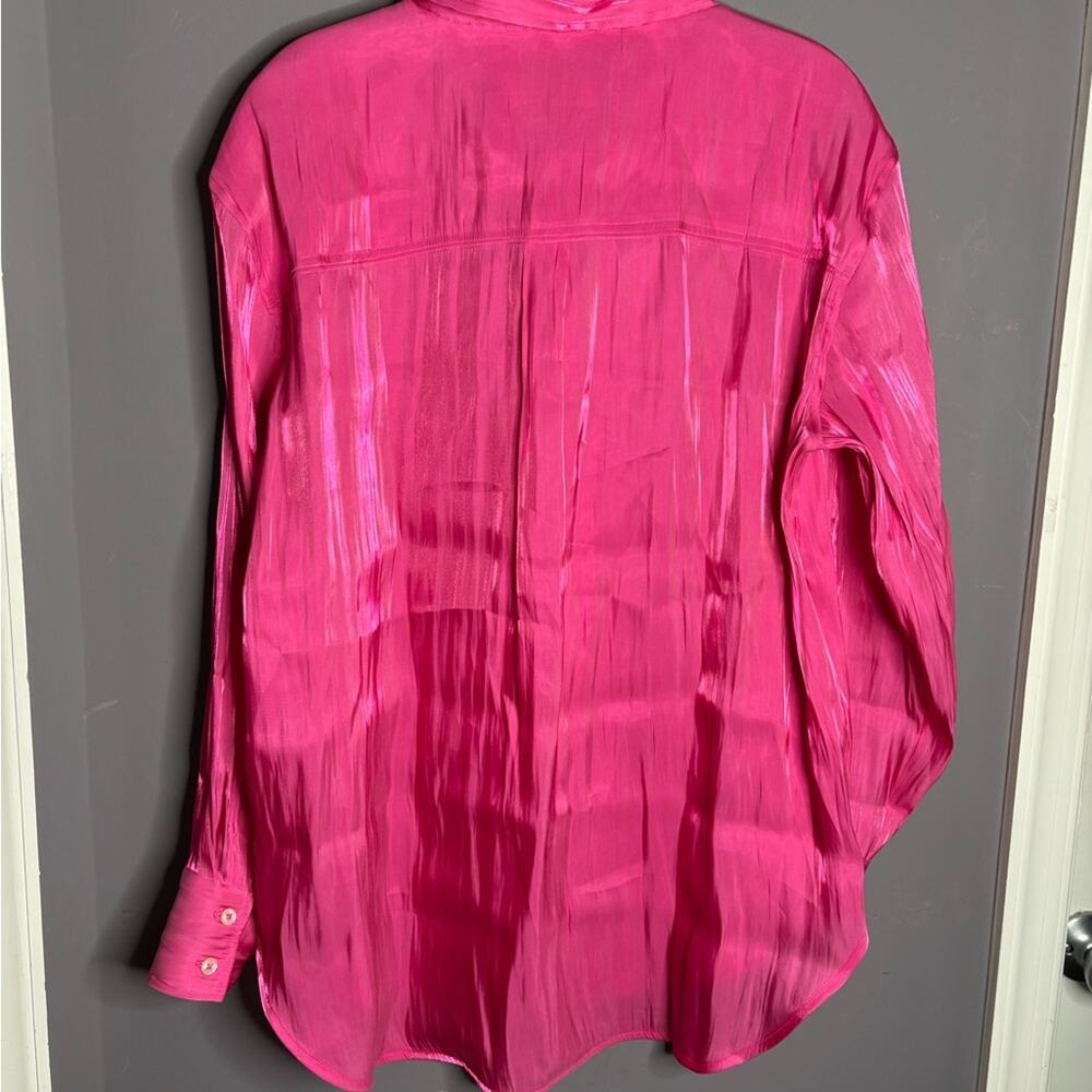 Anthropologie Bright Pink Shimmery Long Sleeve Button Front Blouse Medium - Picture 6 of 7
